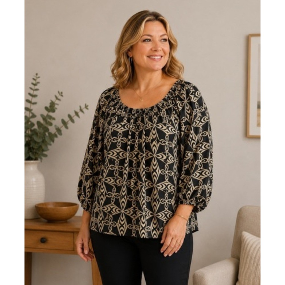 Anne‎ Klein Silk Peasant Blouse Womens Large Black Tan Smocked Luxury Office
